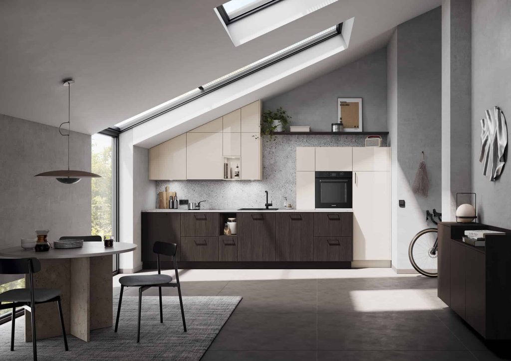 Kitchenette moderne blanche et bois contrastée